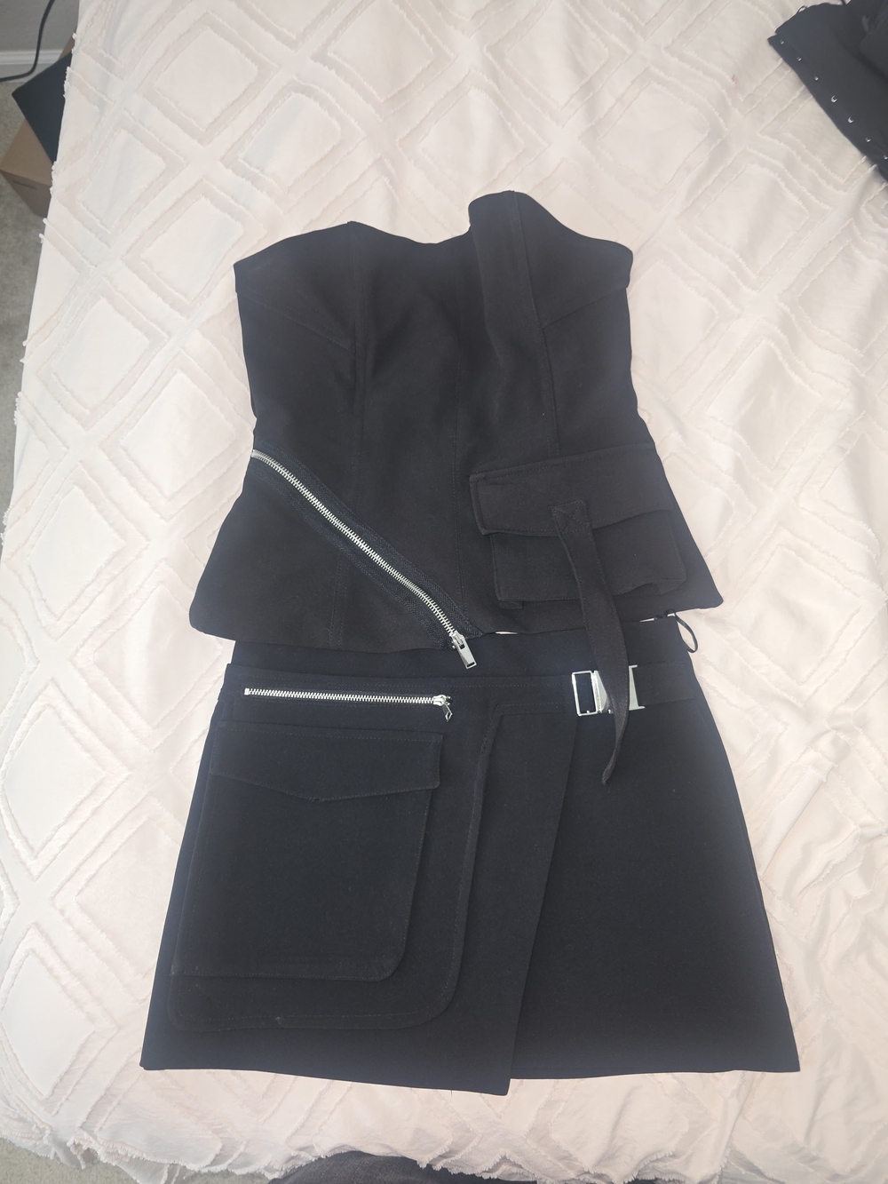 Zara Black Strapless Two-Piece Dress Set with Zipper & Pockets